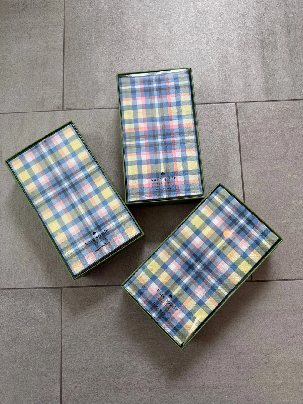 kate spade Guest Napkins w fun Plaid in Blue, Yellow, Pink - box of 40 each